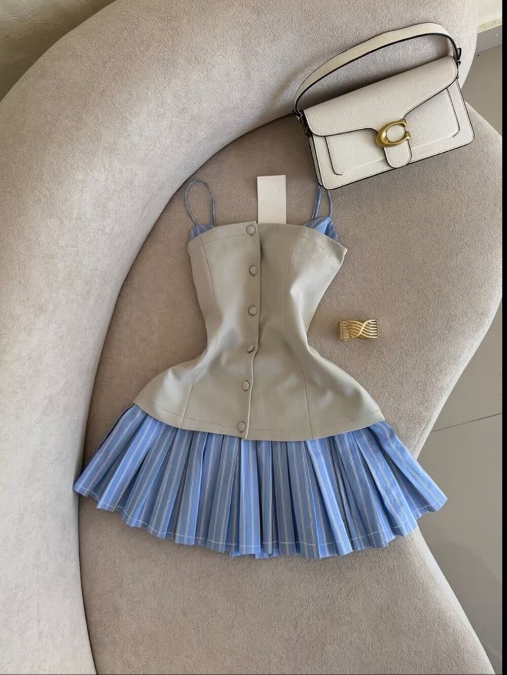 Elegant Khaki + Blue and White Striped Pleated Hem Camisole Dress
